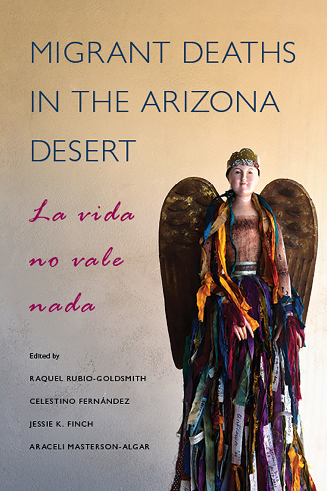 cover of Migrant Deaths in the Arizona Desert with statue of an angel to the right of title text