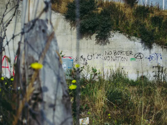 border wall and fence with plastic bag hanging on